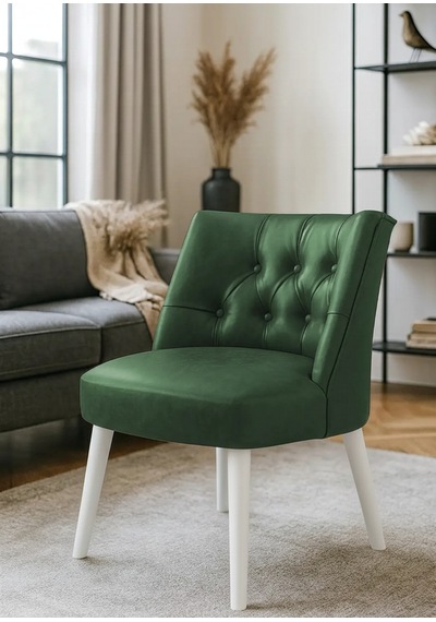 Waterybrook Berjer Sandalye - Kapitoneli Suni Deri - Beyaz Ahşap Ayaklı - Retro Modern Tasarım Yeşil