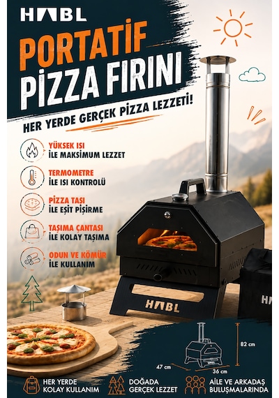 Habl Portatif Pizza Fırını Odun Ve Kömürlü Taşıma Çantalı Pizza Taşı Dahil Kamp Tipi Fırın Siyah