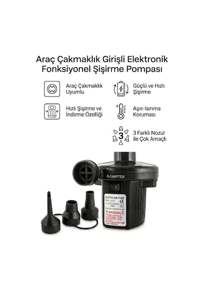 Kamptek 12v Araç Çakmaklık Girişli Elektrikli Şişirme Pompası - Yatak, Mat, Bot Ve Çadır Şişirme Pompası 3 Farklı Uçlu