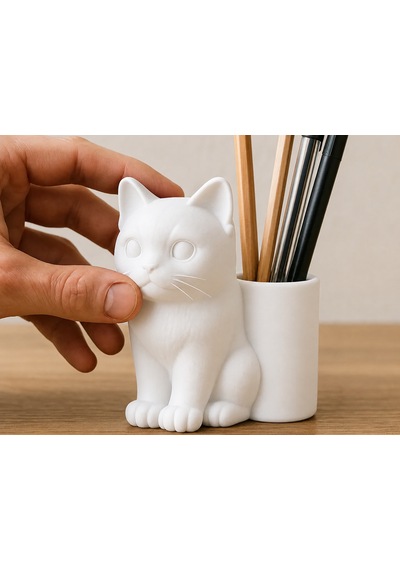 3d Baskı Kedi Figürlü Kalemlik - Masaüstü Organizer - Beyaz Çok Renkli