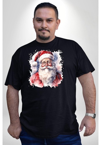 Angemiel Mutlu Noel Baba Yeni Yıl Tasarımı Siyah Büyük Beden Erkek Kadın Unisex Basic Ön Baskılı Tişört Siyah