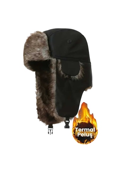Unisex Termal Peluş Kürklü Pilot Şapka Siyah