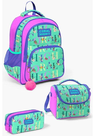 Coral High Kids Su Yeşili Açık Pembe Monogram Desenli 3'lü Okul Çanta Seti Set0114410