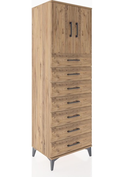 Hyperion Dolap Tek Raflı 7 Çekmeceli 2 Kapaklı 60x44x182 Çam-çam Atlas Çam