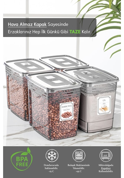 Meleni Home 4'lü 5,5 Litre Jumbo Boy Lena Un Kabı - Kapaklı Erzak Bakliyat Saklama Kabı - Malzeme Saklama Kutusu
