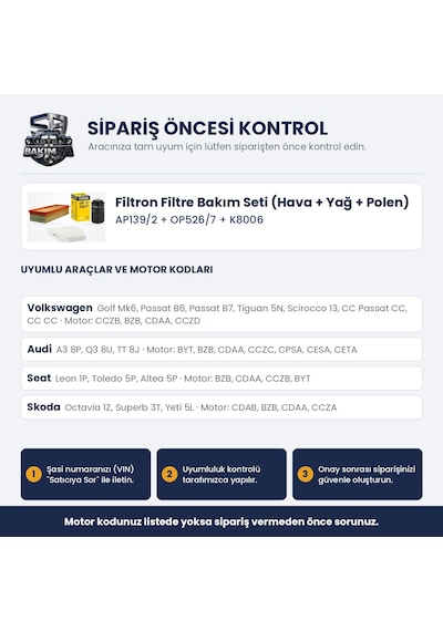 Filtron Filtre Bakım Seti Hava+yağ+polen - Golf 6 / Passat B6-b7-cc / Octavia 2 1.8-2.0 Tsı