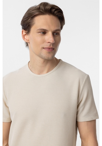 Süvari Bej Slim Fit Armürlü Bisiklet Yaka Tişört