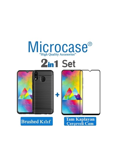Samsung Uyumlu Galaxy M20 Brushed Kilif + Tam Kaplayan Çerçeveli Cam 350408087