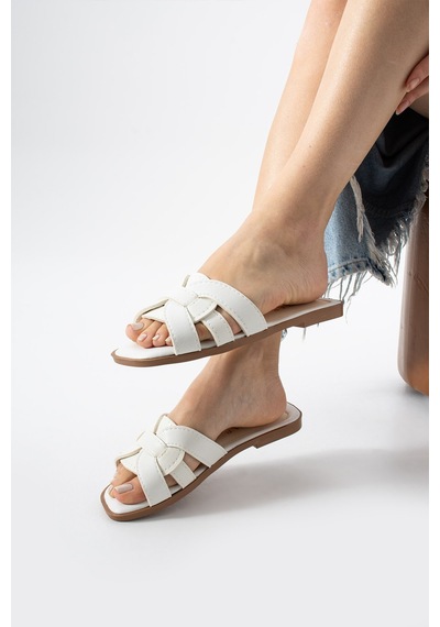 Dabab Shoes Lında Kadın Beyaz Kare Burun Örgü Bantlı Düz Taban Günlük Terlik
