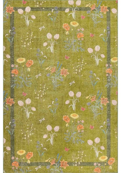 Artloop Florart Yeşil / Turuncu Çiçek Desenli Dokuma Tabanlı Modern Şönil Halı Al 482 Yeşil - Turuncu