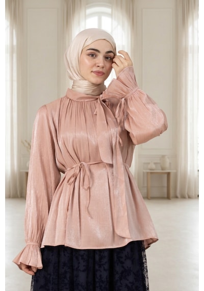 Sevitli Kolu Volanlı Janjan Abiye Bluz-pembe-5767