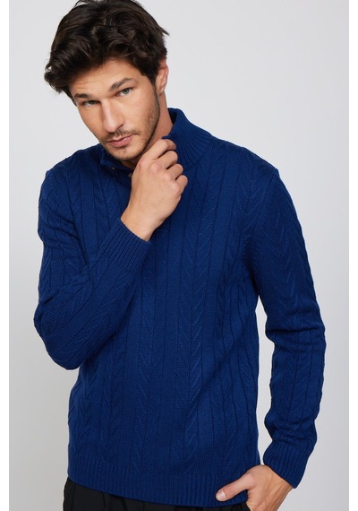 Tudors Erkek Slim Fit Dar Kesim Yumuşak Dokulu Desenli Dik Yaka Düğmeli Triko Saks Mavi Kazak-29888 Koyu Mavi