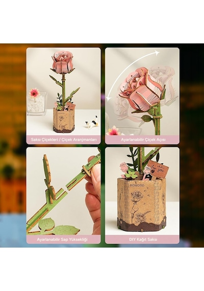 Rowood Tw051 Karanfil Çiçeği Pink Carnation Dıy Minyatür Maket Model Seti Ahşap 3d Wooden Puzzle Model Kit Ahşap Maket Dekoratif Hobi Seti