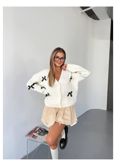 Kechi Woman Kurdeleli Triko Hırka Beyaz
