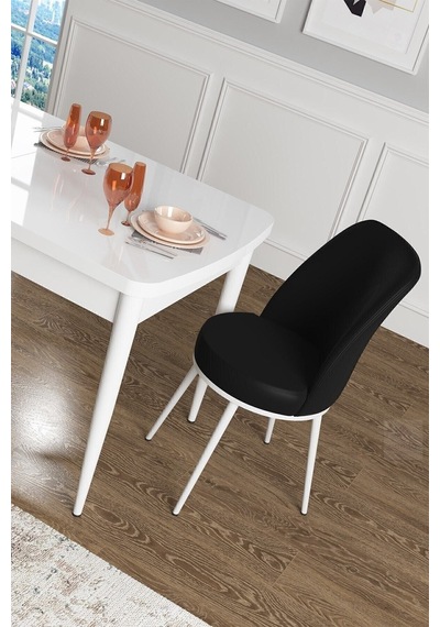 Canisa Concept Han Serisi 70x114 Açılabilir Mdf Mutfak Masası Takımı Beyaz Masa 6 Siyah Sandalye Masa Beyaz Sandalyeler Siyah