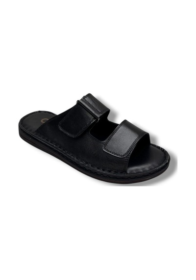 Cakgo 182-26 Hakiki Deri Ultra Soft Çift Bant Cırtlı Anatomik Erkek Terlik 40-47 Siyah