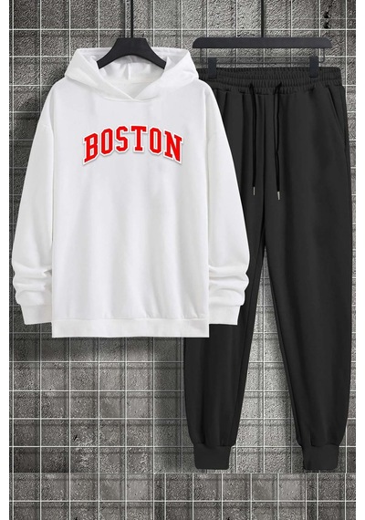 Uyguntarz Unisex Boston Baskılı Eşofman Takımı Beyaz