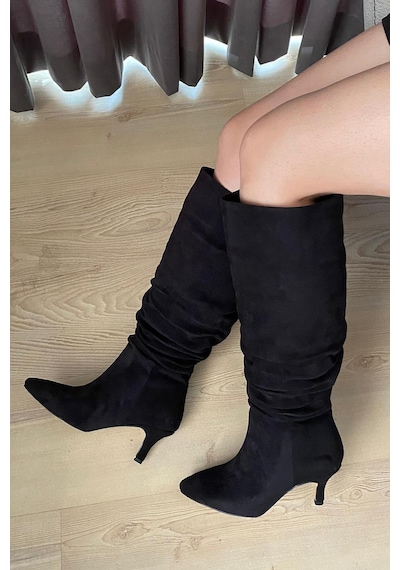 Asmi Shoes Kadın Oslo Topuklu Körüklü Şık Tarz Günlük Rahat Çizme Siyah Süet Siyah