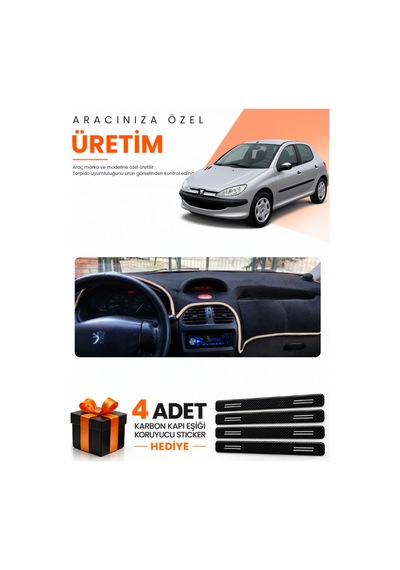 Peugeot 206 Büyük Ekranlı 1998-2009 Uyumlu Torpido Koruma Örtüsü Oto Kılıfı - Siyah Bej
