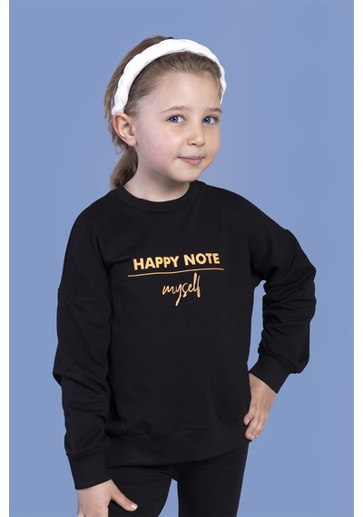 Toontoy Kız Çocuk Relax Fit Bisiklet Yaka Düşük Omuz Baskılı Sweatshirt - 2 İplik Siyah