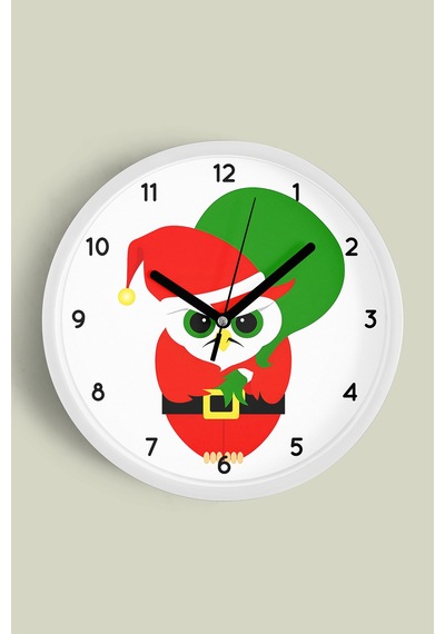 Kızgın Noel Baykuş Modern Tasarım Duvar Saati - 35cm - Önü Camlı Beyaz Kasa - Sessiz Mekanizma Beyaz