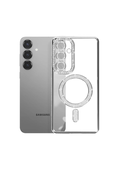 Samsung Galaxy S26 Uyumlu Kılıf Parlak Taşlı Simli M-safe Telefon Kılıfı Kapak Gümüş