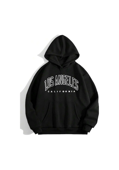 Los Angeles California Sweatshirt - Siyah Baskılı Oversize Kapüşonlu Siyah