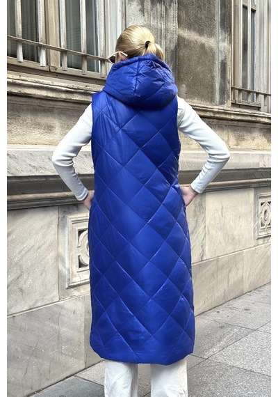 Genel Saks Mavi Kapüşonlu Cepli Baklava Desen Uzun Şişme Yelek