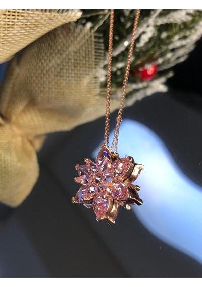 Vog Pembe Taşlı Lotus Çiçeği Büyük Boy 925 Ayar Gümüş Sevgiliye Eşe Anneye Kolye