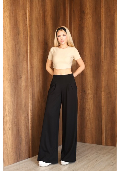 Ozy Fashion Kadın Modal Kumaş Yüksek Bel Pileli Geniş Paça Cepli Eşofman Altı Siyah