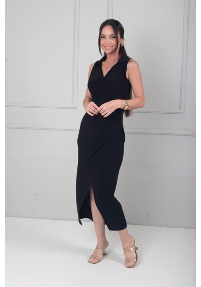 By Saygı Kadın Polo Kruvaze Yaka Drape Detaylı Likralı Midi Elbise Siyah