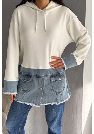 Femelle Kadın Kapüşonlu Kot Denim Detaylı Düğmeli Tasarım Sweatshirt beyaz