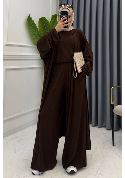 Balenbi Kadın Penye Uzun Hırka Bluz Geniş Paça Pantolon Abaya Takım 1217 Kahverengi
