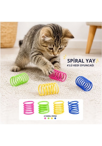 Buffer 4'lü Renkli Spiral Yay Kedi Oyuncağı, Esnek Ve Hareketli Eğlenceli Kedi Oyun Seti