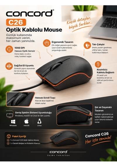 C-26 Optik 1000 Dpı Usb Kablolu Mouse Ergonomik Ofis Ve Bilgisayar Faresi