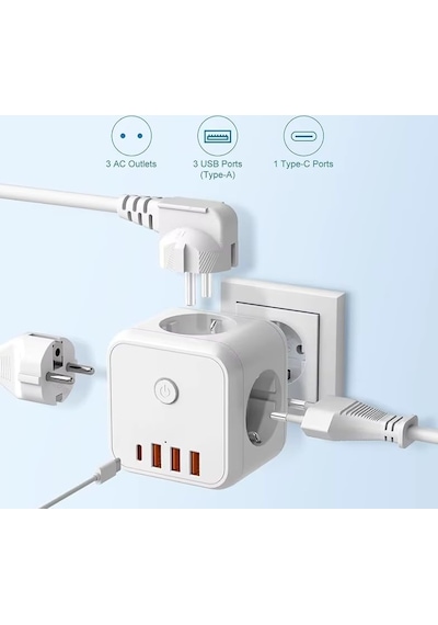 3 Ac Priz Soketli 3 Usb+type-c Akım Korumalı, 7 İn 1 Priz, 16a Maks, 4000w