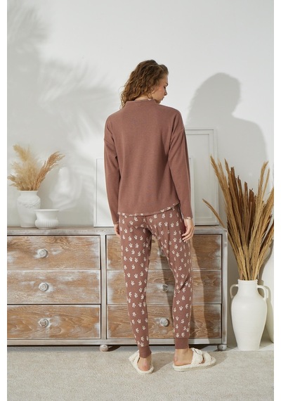 Sevim Kadın Uzun Kol Jakarlı Kalın Kahve Pijama Takımı C1t5n1o94 001
