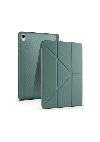 Galaxy Tab S11 2025 Sm-x730-sm-x736 Uyumlu Kalem Bölmeli Dönebilen Üçgen Standlı Tri Folding Tablet Kılıfı - Koyu Yeşil - T40395