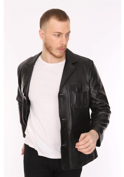 Hakiki Deri Siyah Blazer Cepli Erkek Deri Ceket Siyah