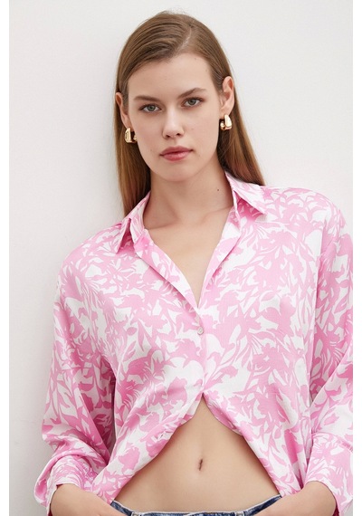 Never More Desenli Gofret Saten Gömlek Pembe Pembe