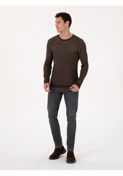Cacharel Kahverengi Slim Fit Pamuk Karışımlı Bisiklet Yaka Triko Kazak