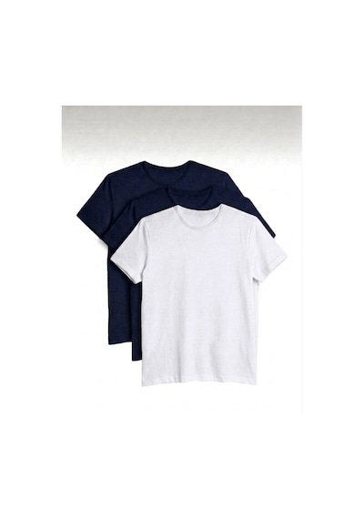 Bürke 3'lü Erkek/Unisex 2 Lacivert - 1 Beyaz Renk %100 Pamuk Bisiklet Yaka Basic Tişört