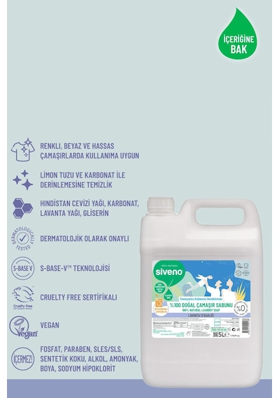 Siveno %100 Doğal Çamaşır Sabunu Bitkisel Deterjan Kendinden Yumuşatıcılı Konsantre Vegan 5 L