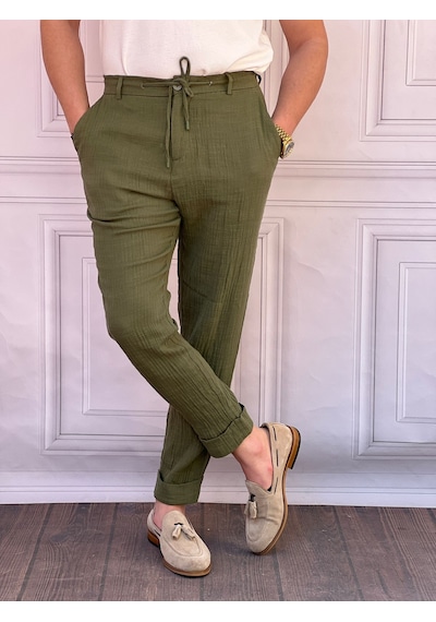 Modefendi Kırışık Kumaş Kırçıllı Keten Pantolon Haki