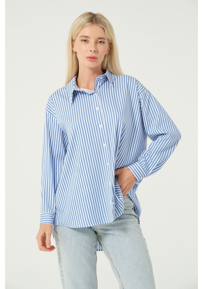 Samore Basic Oversize Çizgili Gömlek Buz Mavisi