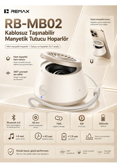 Remax Magsafe Magnetik 2'si 1 Aradatelefon Tutucu Şarjlı Mini Bluetooth Hoparlör 5w Rb-mb02 Altın