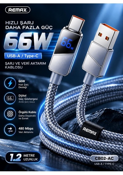 Remax Cb02-ac 66w Usb-a To Type-c Dijital Ekranlı Örgülü Hızlı Şarj Ve Data Kablosu 1.2 Metre Gri