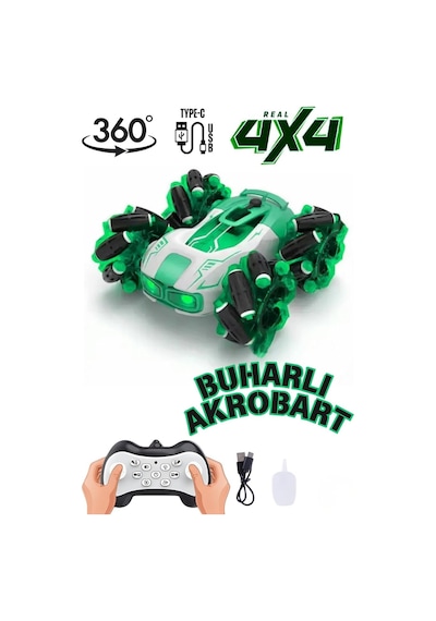Uzaktan Kumandalı Şarjlı Buharlı Akrobat Araba 360 Derece Dönen Işıklı Müzikli 4x4 Drift Yeşil