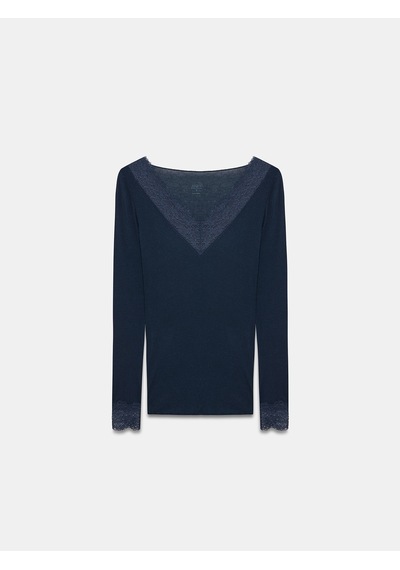 Dilvin 32311 Dantelli Kaşmir Bluz-lacivert Lacivert