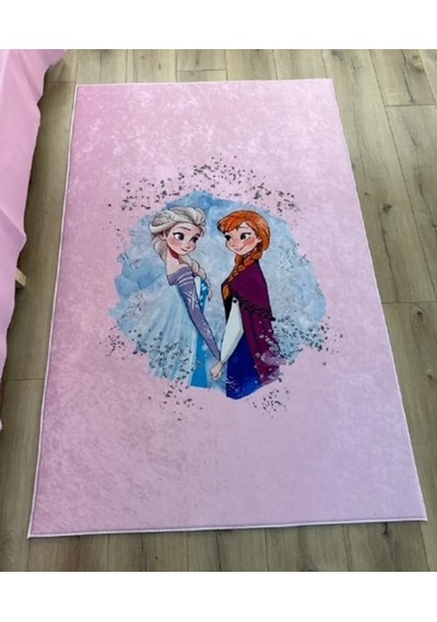Pembe Elsa Anna Çizim Dijital Baskı Çocuk Oda Halısı